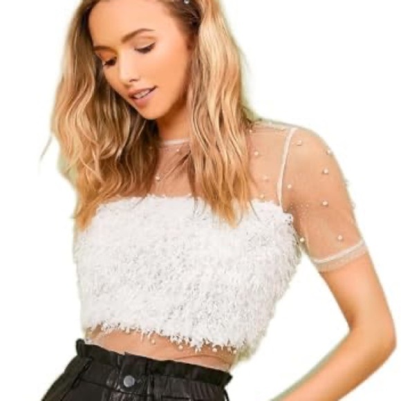 SHEIN White Snowy Top See Through Pearl Furry Size Medium - Picture 5 of 8